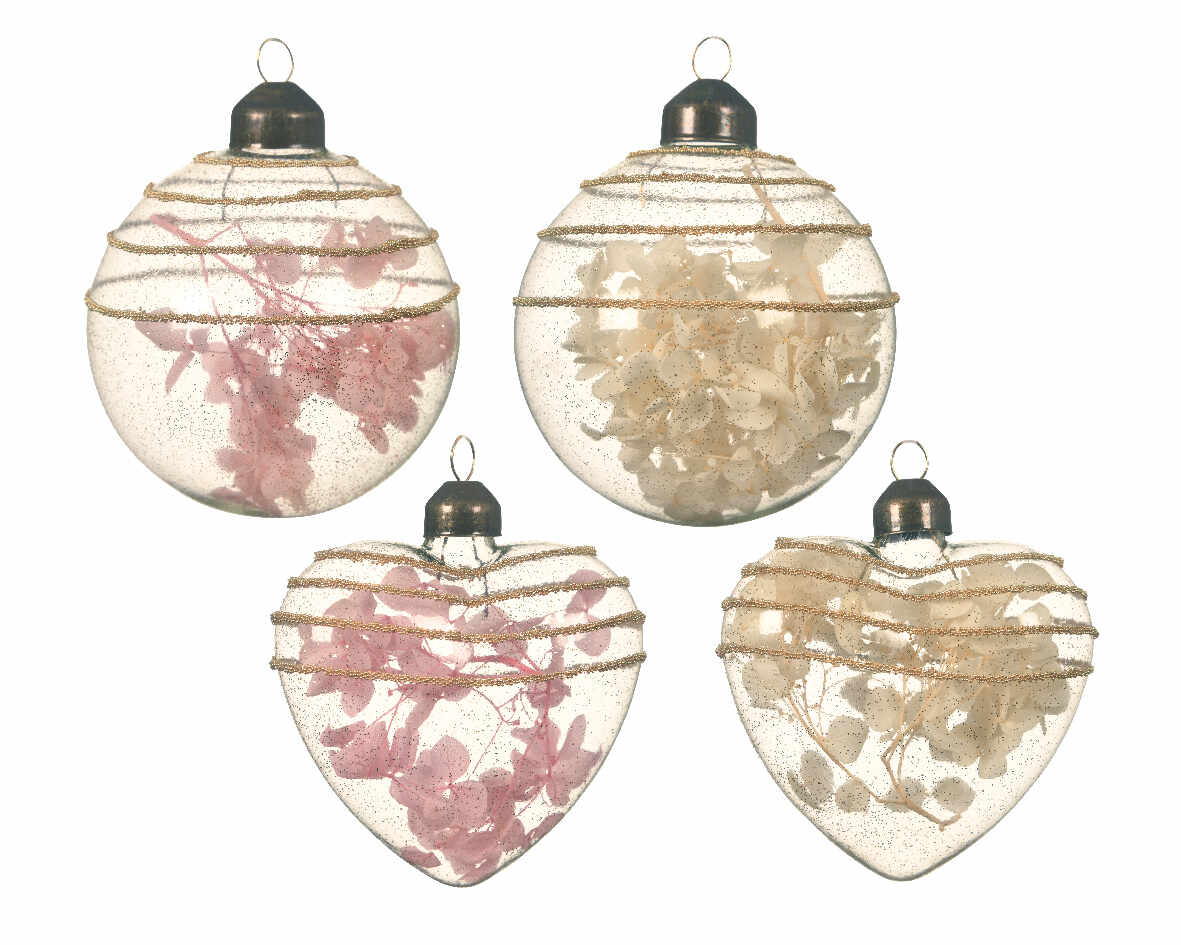 Ornament brad - Glass Transparent Color Gold Glitter, Spiraea - Pink-Warm White, mai multe modele | Kaemingk