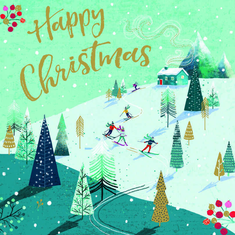 Felicitare Craciun_Skiing Slopes Cosy Cabin Foil Art Xmas Charity Christmas | Ling Design