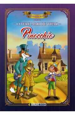 Pinocchio. Carte de colorat cu povesti scrisa cu litere mari de tipar