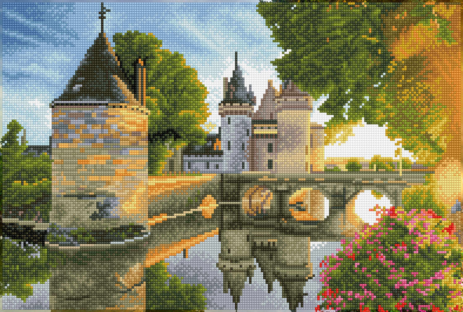 Tablou cu diamante înrămat – Castelul de pe râu, 35 x 52 cm